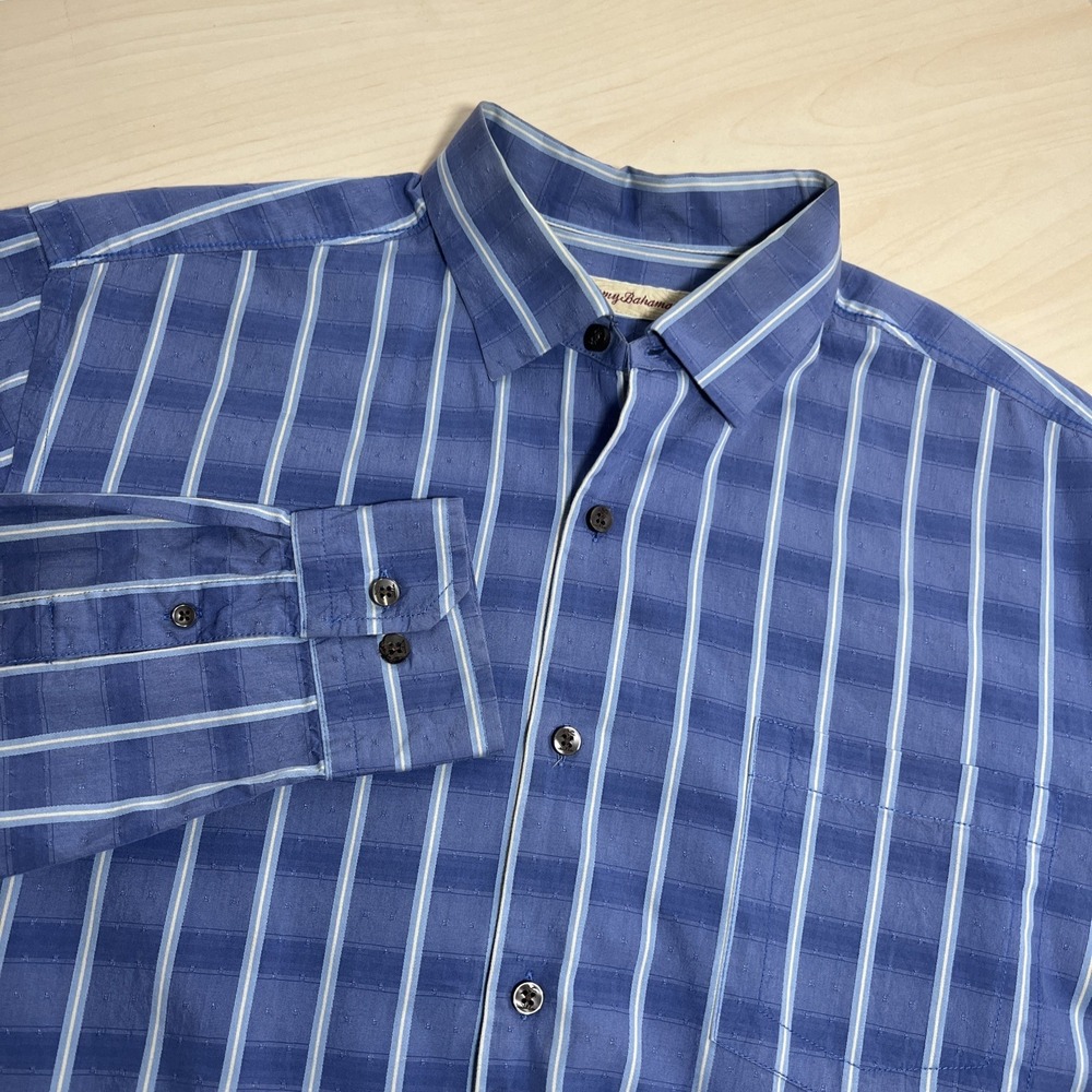 Tommy Bahama Mens L Cotton Silk Blend Button Down Shirt Blue Texture Long Sleeve